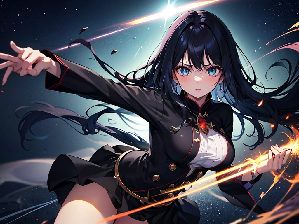 Super detailed, Pixel perfect, High resolution, Highest quality, Beautifully drawn eyes in every detail), (whole body:0.8), 19 year old anime girl, 短いBlack Hair, Wavy Hair, Parted bangs, Black Hair, Gradient Hair Color, Flowing crimson hair dances like flames, Red flames swirl around her body. (transparent:0.7), Showing her overwhelming aura (dangerous and terrifying aura), dangerous, She has a magic wand, Activates a powerful explosive spell, Great magician, Green Eyes, Strong and heavy steel armor, Prestigious, realistic fire, The background is full of magical particles and realistic blue flames. Lens flare, Shining Light, reflected light, Motion Blur, 8K, Super detailed, Accurate, Highest quality, Ray Tracing.