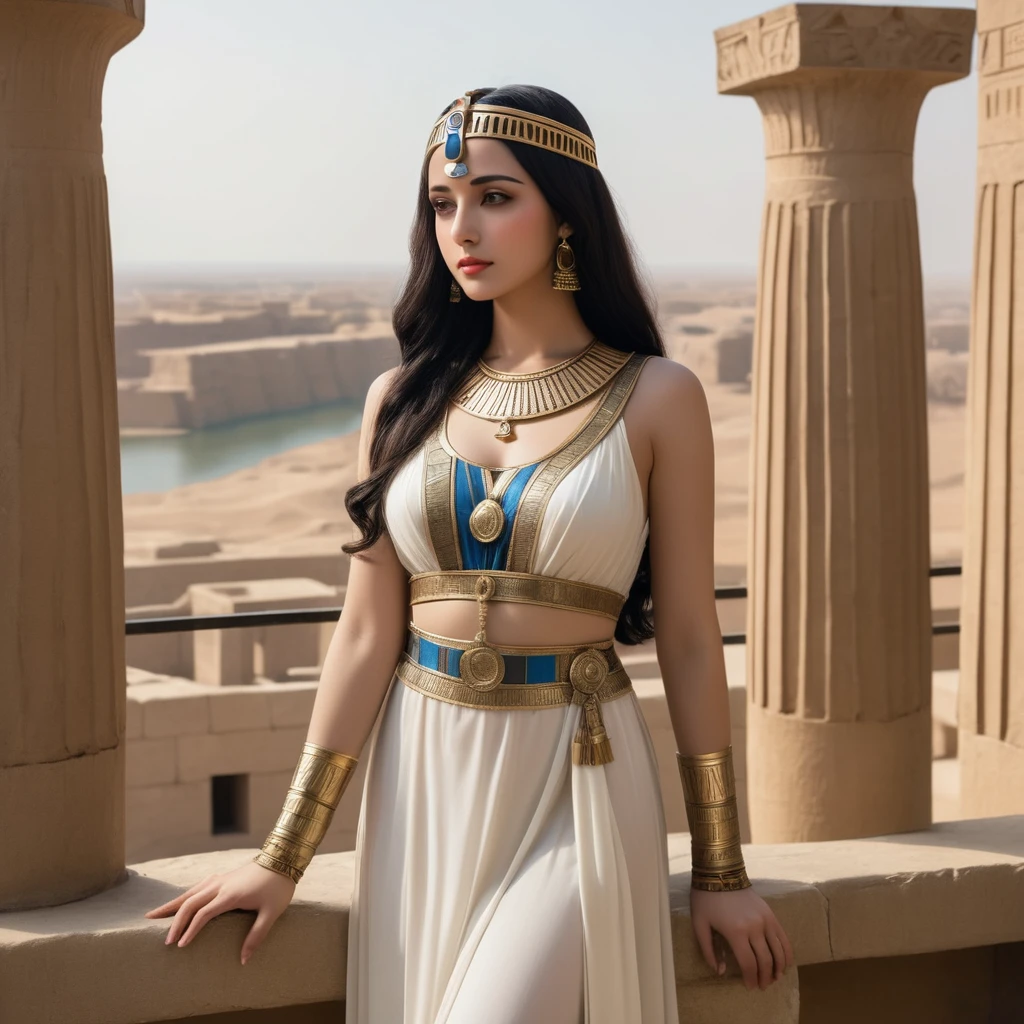 Standing on a balcony overlooking the river、Arabian woman wearing dress and headpiece, beautiful Cleopatra, Egyptian princess, Beautiful Fantasy Empress, Cleopatra in her palace, Cleopatra portrait, Ancient Princess Liv, Egyptian style, Egyptian, ((Beautiful Fantasy Empress)), Cleopatra, Beautiful Goddess, portrait of Cleopatra, android girl in Egyptian ruins, Hmm、Carol in the back