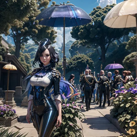 Unreal Engine 5 Realistic Rendering, cosplayer, Race Queen、Uniform with logo、 ((Giant circuit parasol)), Exquisite beauty、Beauti...