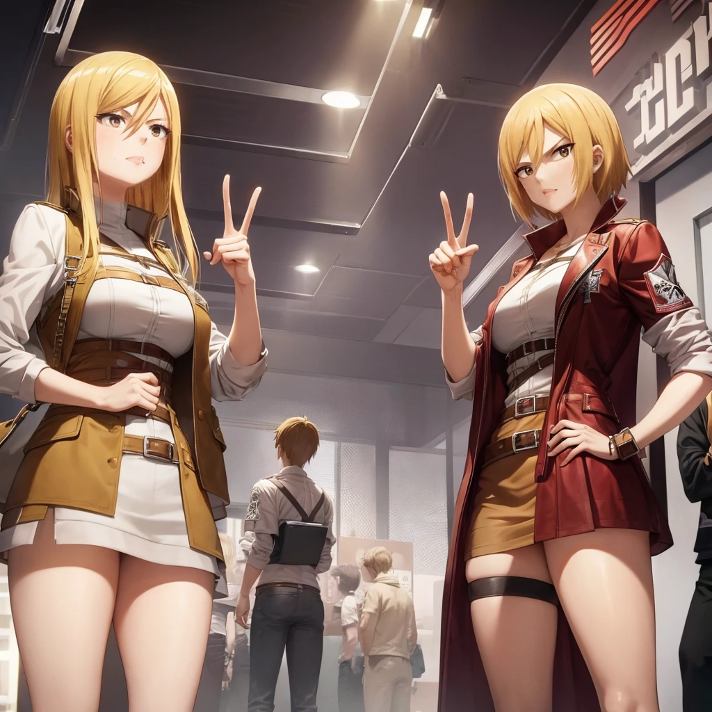 Your influencer character(milf with blond hair) standing next to Mikasa Ackerman from Attack on Titan. Both are making a victory sign. Detailed anime style with vibrant colors and dynamic perspective.