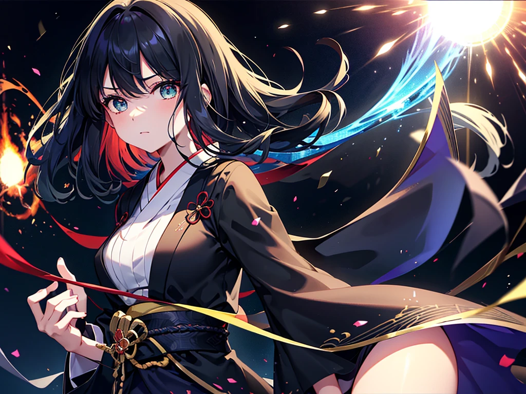 Super detailed, Pixel perfect, High resolution, Highest quality, Beautifully drawn eyes in every detail), (whole body:0.8), 19 year old anime girl, 短いBlack Hair, Wavy Hair, Parted bangs, Black Hair, Gradient Hair Color, Flowing crimson hair dances like flames, Red flames swirl around her body. (transparent:0.7), Her overwhelming aura in a kimono is on full display (dangerous and terrifying aura), dangerous, She has a magic wand, Activates a powerful explosive spell, Great magician, Green Eyes, Strong and heavy steel armor, Prestigious, realistic fire, The background is full of magical particles and realistic blue flames. Lens flare, Shining Light, reflected light, Motion Blur, 8K, Super detailed, Accurate, Highest quality, Ray Tracing.