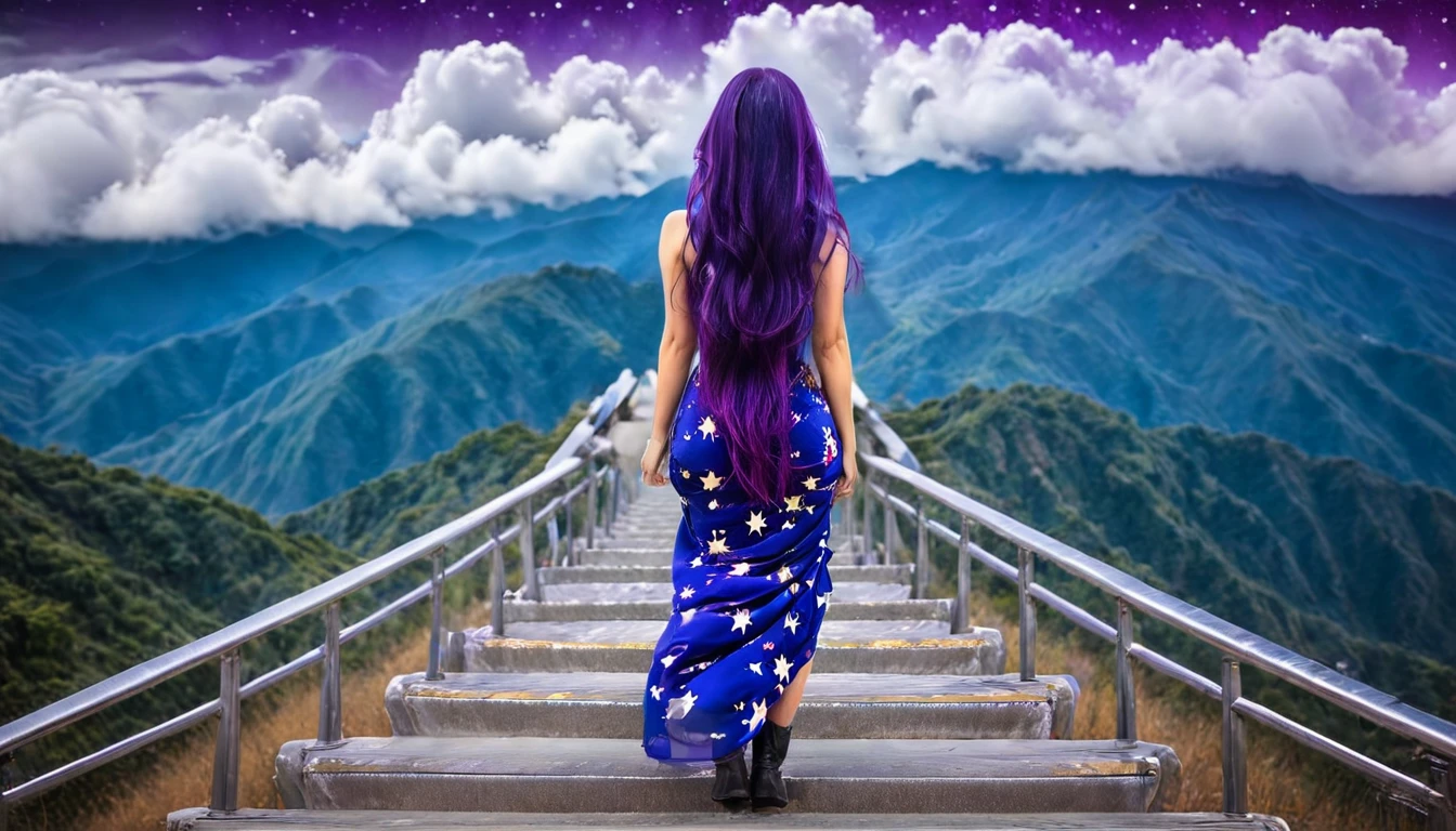 hdr, best image, 8k, image in dark neon blue, and violet, A BEAUTIFUL WOMAN, seen from behind, LONG purple HAIR, Wide ramp of steps, of white ivory and gold, descending, TOWARDS THE INFINITY OF THE HEAVENS, stars of cosmos, universe, clouds. giant mountain