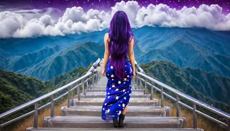 hdr, best image, 8k, image in dark neon blue, and violet, A BEAUTIFUL WOMAN, seen from behind, LONG purple HAIR, Wide ramp of st...