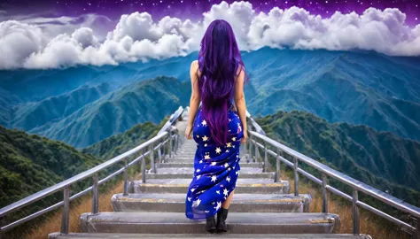 hdr, best image, 8k, image in dark neon blue, and violet, a beautiful woman, seen from behind, long purple hair, wide ramp of st...