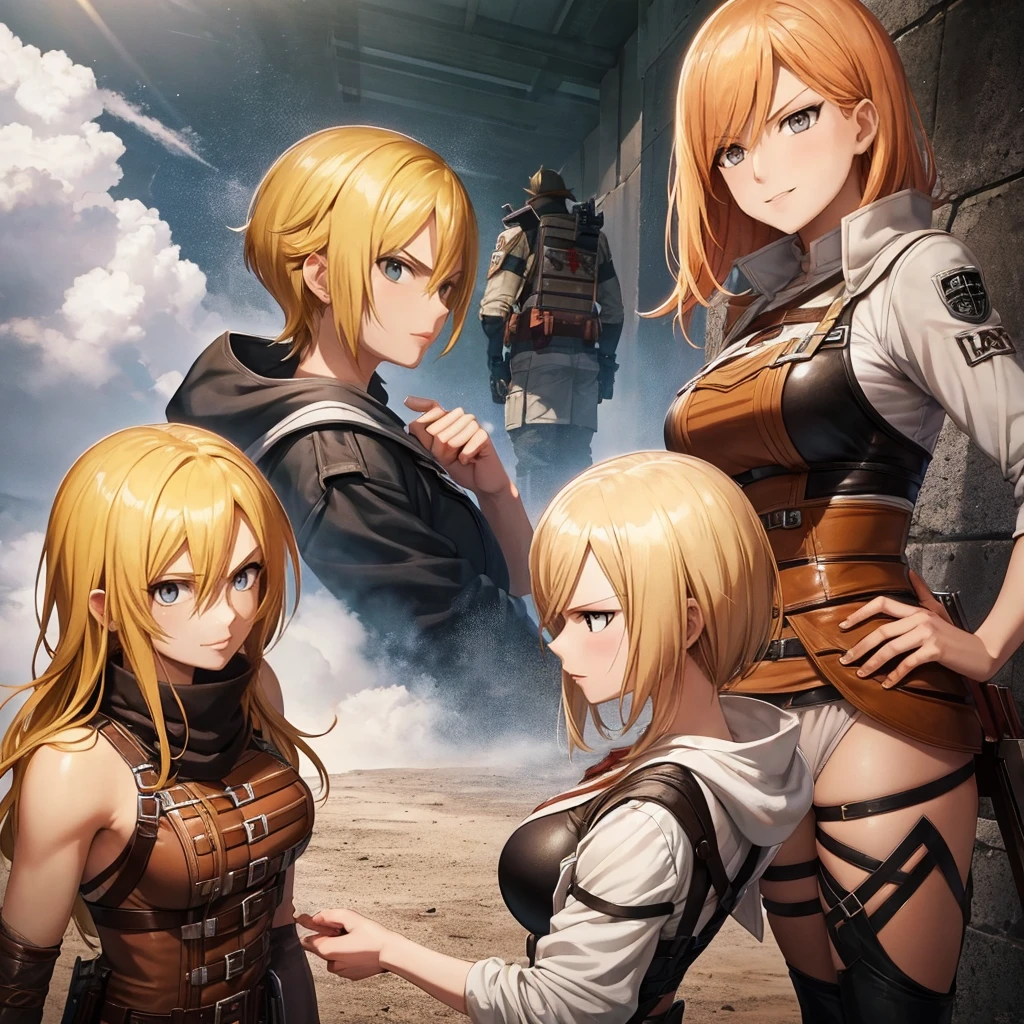 Your influencer character(milf with blond hair) standing next to Mikasa  Ackerman - SeaArt AI