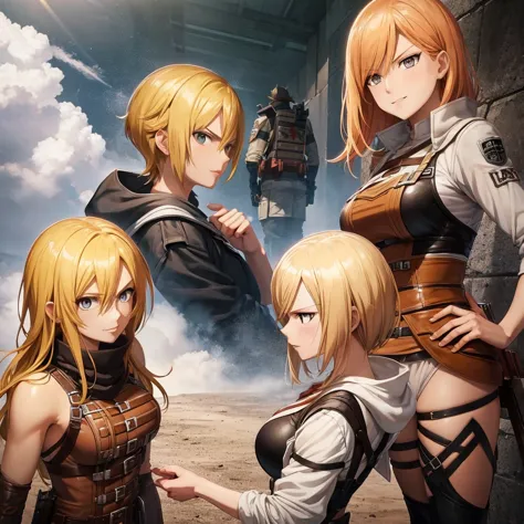 your influencer character(milf with blond hair) standing next to mikasa ackerman from attack on titan. both are smiling. detaile...