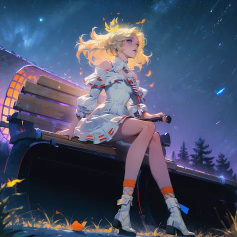Abandoned station. A girl walking alone on the railroad tracks. The wind messed up her hair.，Anime girl with light blonde hair，W...