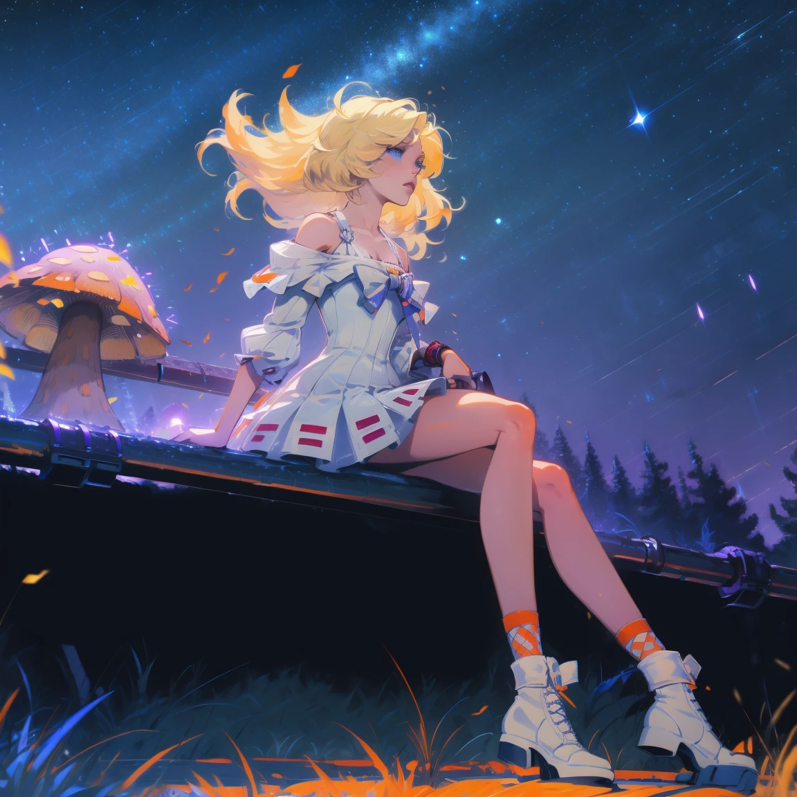 Abandoned station. A girl walking alone on the railroad tracks. The wind messed up her hair.，Anime girl with light blonde hair，With light blue eyes，Wearing an off-the-shoulder dress with puff sleeves，Sitting in the woods，Next to it is an orange mushroom，Surrounded by fireflies under the stars
