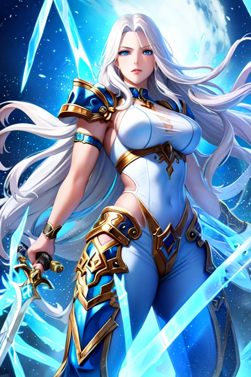 1girl, long wavy white hair, blue eyes, ice, sword, fantasy, muscles, voluptuous, thirties, leather armor, pants, shirt
