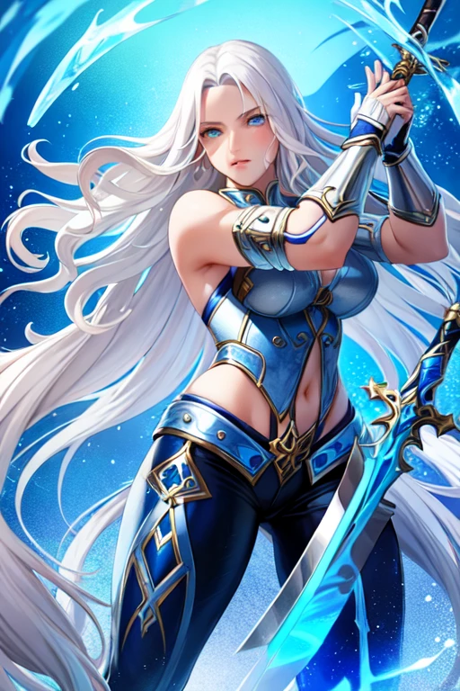 1girl, long wavy white hair, blue eyes, ice, sword, fantasy, muscles, voluptuous, thirties, leather armor, pants, shirt, perfect face