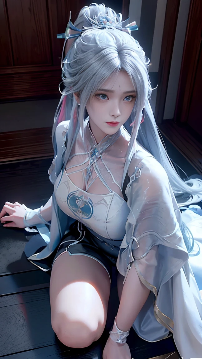 a white hair、Close-up of miss wearing white mask, Beautiful character painting, Gu Weiss, Gurwitz-style artwork, White-haired god, author：Yang Jie, Epic and beautiful character art, Stunning character art, author：Fan Qi, by Wuzhun Shifan, pixiv Art Street Guviz, Single ponytail, insult, High Ponytail, Tall and big, Long legs, (Sleeveless lace shirt), (shorts), (Striped )), ((Striped )), Walk, elegant, dignified, miss, Beautiful curves, sweet smile, Strong sense of detail and layering, color丰富绚丽, Has a unique texture, rich and colorful, color, vivid, Design Art, 16K, Very detailed, {{illustration}}, {Extremely refined}, {Exquisite surface treatment}, Very detailed, Delicate and shining eyes, {{Light}}, 极致Light效果, Model: realism, CFG size: 12, Laura: Bright texture (1.35), high quality, masterpiece, Exquisite facial features, Delicate hair depiction, Detailed depiction of the eyes, masterpiece, best quality, Light線追蹤, Extremely detailed CG unified 8k wallpaper, masterpiece, best quality, (1 girl), 完美miss身材, (((Skinny white T-shirt))), beautiful eyes, (Delicate face), Black short hair, Tie your hair up, Light blue hairpin, Black silk frame glasses, in class, (White skin), (Optimal Lighting), (Super intricate details), 4K Unified, (Very detailed CG), Showing off her white legs, , Hot Pants, shorts,性感Long legs, Thin waist, Sweat is running down my waist, Showing belly, Extremely detailed depiction, Pink Hair, Asymmetrical bangs, Transparent clothes, Hands on thighs, 把目Light移開, 8k resolution, Raise an eyebrow, Shiny hair, flower head, Wristband, bandage，Leather sexy pose, simple grey background, Crawl to the audience, Kitten pose, Get on all fours,