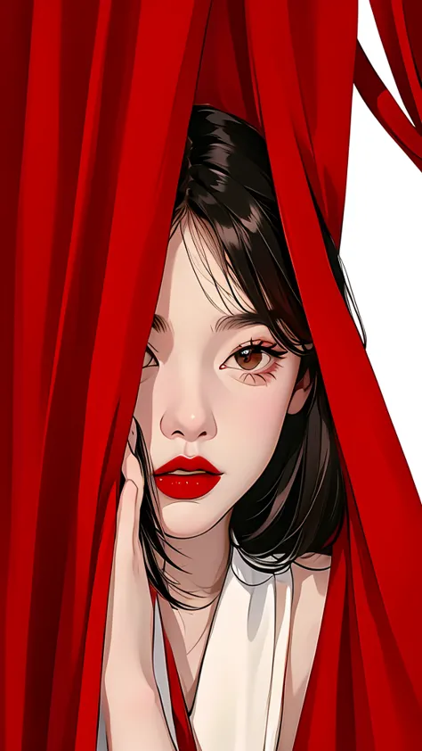 close up of red lips、Red Curtain、Peeking through the curtains