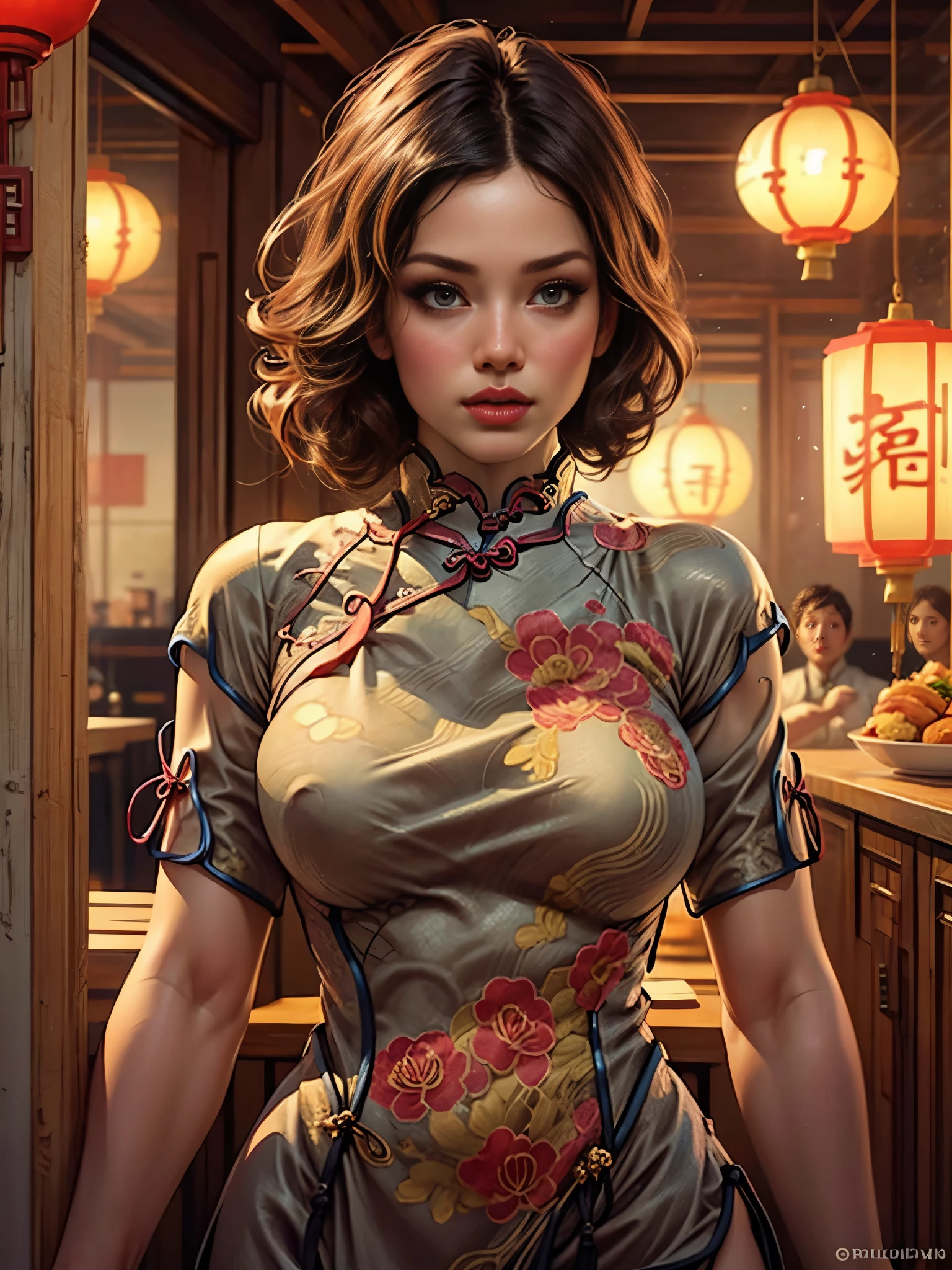 portrait en demi-longueur:1.3，Résistant(Cheongsam serré:1.7)Belle femme，Proportions idéales，Seins pleins，taille fine，Des fesses rebondies，peau blanche，Entouré d&#39;accessoires，Dans un restaurant chinois bondé，(Meilleure qualité，4k，8k，haute résolution，chef-d&#39;œuvre:1.2)，ultra détaillé，(réaliste，照片般réaliste，照片般réaliste:1.37)，Yeux délicats，Lèvres délicates，visage extrêmement détaillé，long cils，détails complexes，accessoires magnifiques，magnifique décoration，lumières chaudes，couleurs vives，Éclairage dramatique，atmosphérique，semblable à un film，photographie primée