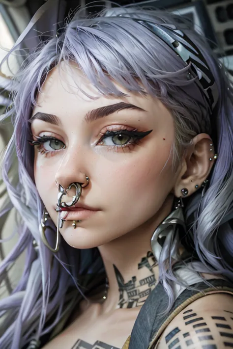 precision images　detailed images　 face close-up　（septum piercing - a huge, perfectly round nose ring）:1.5