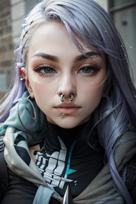 precision images　detailed images　 face close-up　（septum piercing - a huge, perfectly round nose ring）:1.5