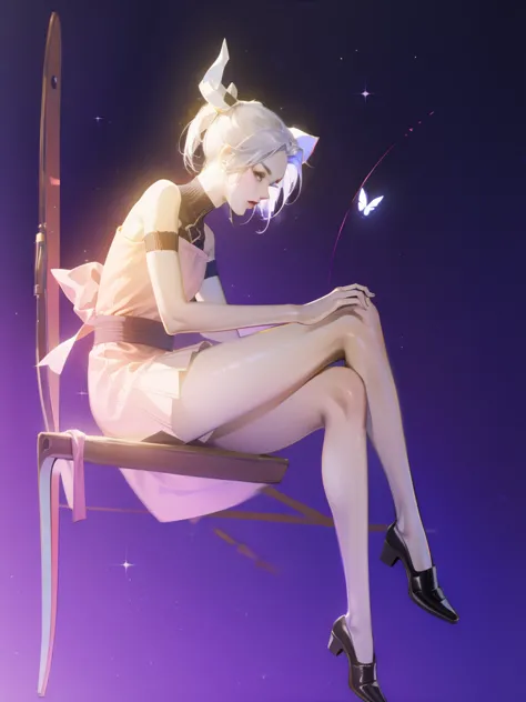 1 girl，shimizu，blue butterfly，pure white gauze skirt，shiny，sitting in the air