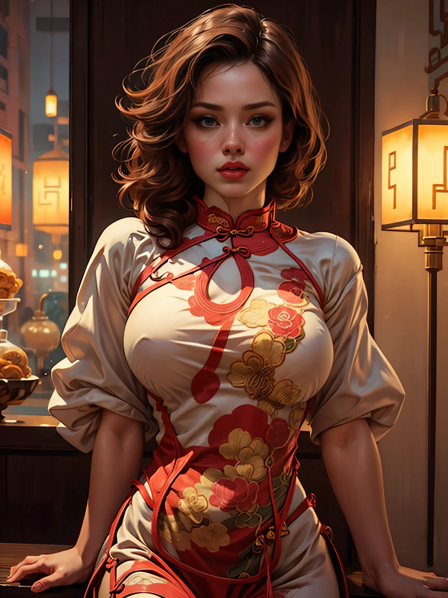 Half-length portrait:1.3，Wearing(Tight cheongsam:1.7)Beautiful woman，Ideal proportions，Full breasts，Slim waist，Plump buttocks，White skin，Surrounded by accessories，In a crowded Chinese restaurant，(Best quality，4K，8k，high resolution，masterpiece:1.2)，Ultra Detailed，(lifelike，Photo-like lifelike，Photo-like lifelike:1.37)，Delicate eyes，Delicate lips，Extremely detailed face，Long eyelashes，Intricate details，Gorgeous accessories，Gorgeous decoration，Warm Lights，Vibrant colors，Dramatic lighting，Atmospheric，Movie-like，Award-winning photography