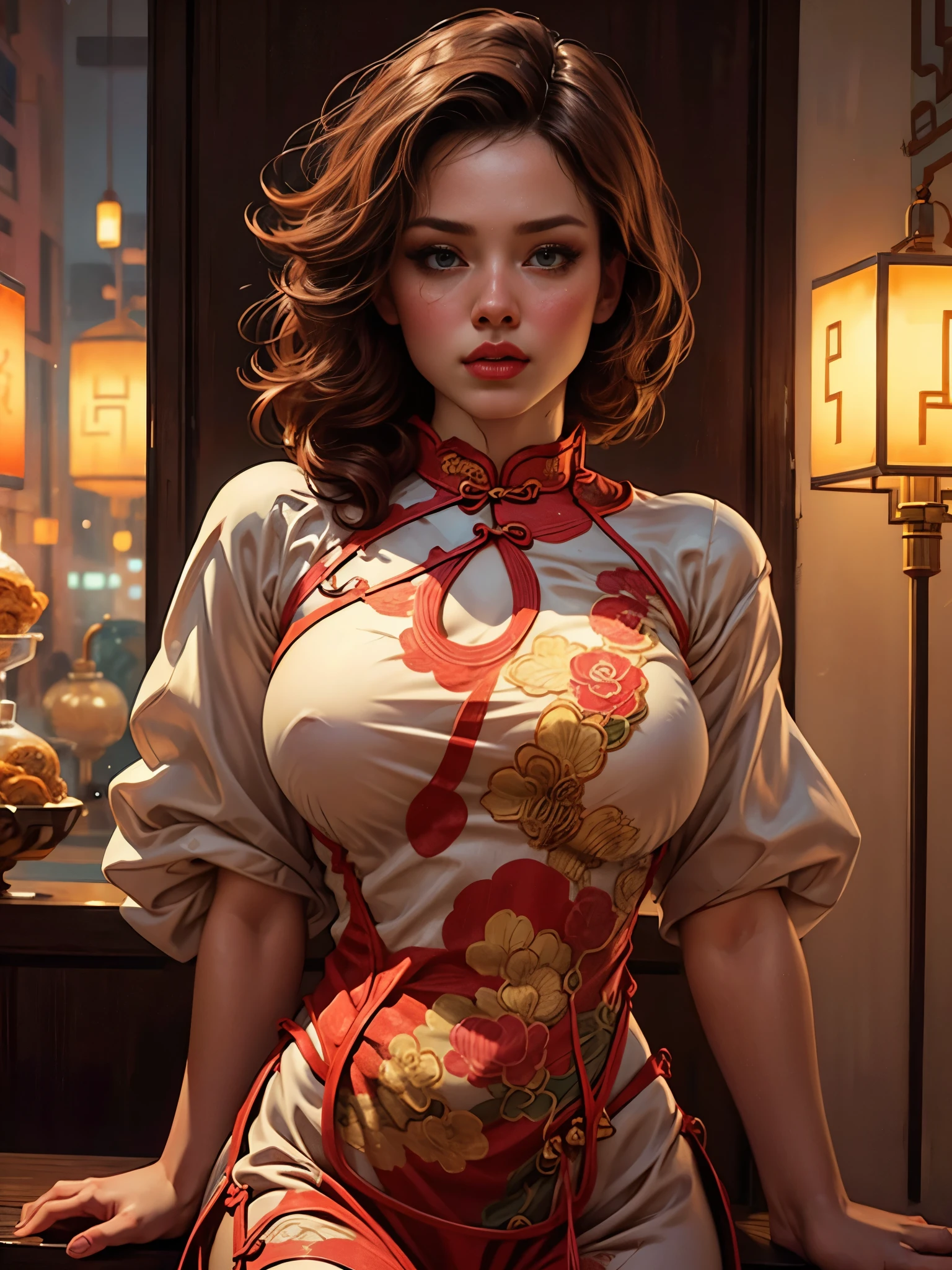 Half-length portrait:1.3，Wearing(Tight cheongsam:1.7)Beautiful woman，Ideal proportions，Full breasts，Slim waist，Plump buttocks，White skin，Surrounded by accessories，In a crowded Chinese restaurant，(Best quality，4K，8K，high resolution，masterpiece:1.2)，Ultra Detailed，(lifelike，照片般lifelike，照片般lifelike:1.37)，Delicate eyes，Delicate lips，Extremely detailed face，Long eyelashes，Intricate details，Gorgeous accessories，Gorgeous decoration，Warm Lights，Vibrant colors，Dramatic lighting，Atmospheric，Movie-like，Award-winning photography