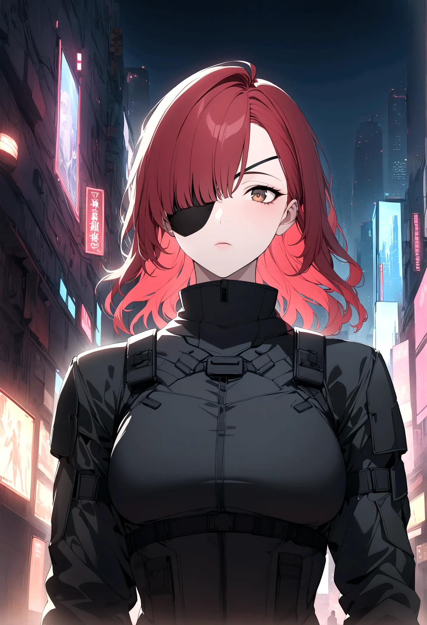 (masterpiece, 32k, 8k, cgi) man, 34 years old, red hair, brown eyes, eye patch over one eye, cyberpunk hair, black swat uniform,...