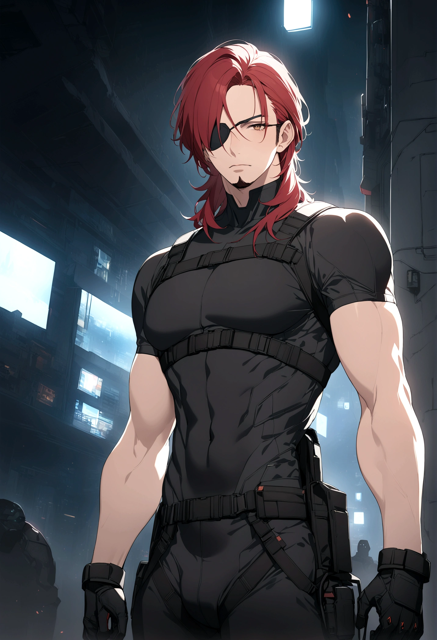 (masterpiece, 32k, 8k, cgi) man, 34 years old, red hair, brown eyes, eye patch over one eye, cyberpunk hair, black Swat uniform, cyberpunk setting, black goatee, face with masculine features, thin body