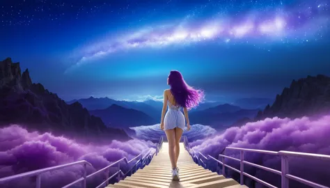 hdr, best image, 8k, image in dark neon blue, and violet, a beautiful woman, seen from behind, long purple hair, wide ramp of st...