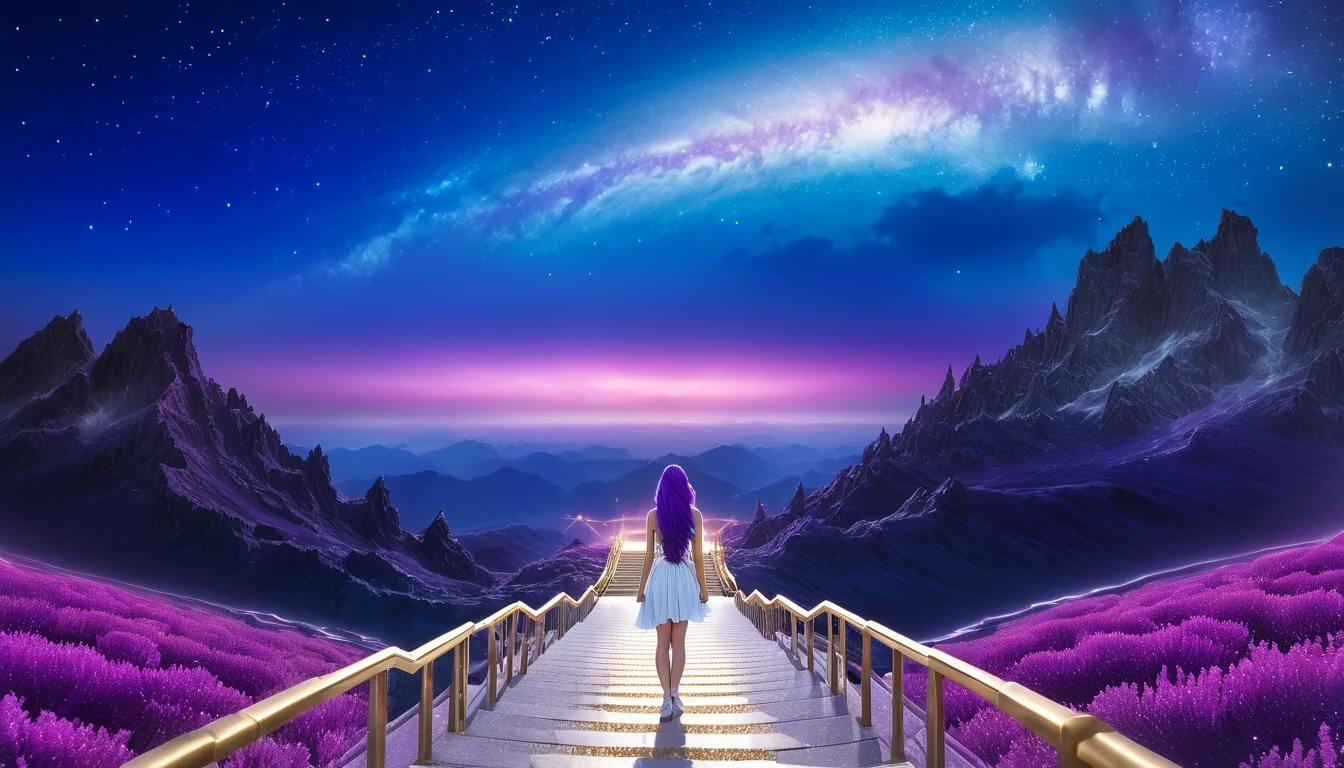 hdr, best image, 8k, image in dark neon blue, and violet, A BEAUTIFUL WOMAN, seen from behind, LONG purple HAIR, Wide ramp of steps, of white ivory and gold, descending, TOWARDS THE INFINITY OF THE HEAVENS, stars of cosmos, universe, clouds. giant mountain