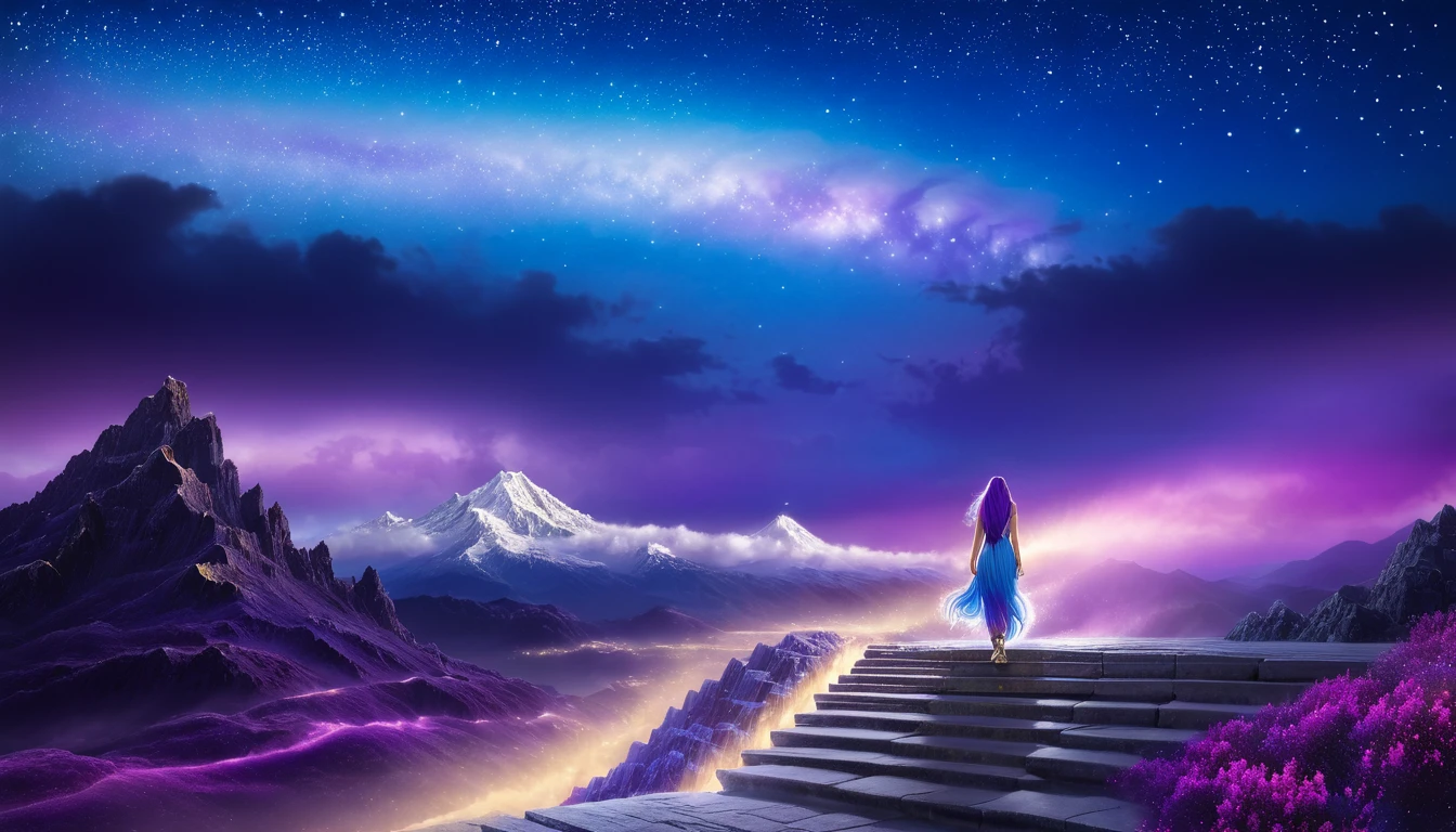 hdr, best image, 8k, image in dark neon blue, and violet, A BEAUTIFUL WOMAN, seen from behind, LONG purple HAIR, Wide ramp of steps, of white ivory and gold, descending, TOWARDS THE INFINITY OF THE HEAVENS, stars of cosmos, universe, clouds. giant mountain