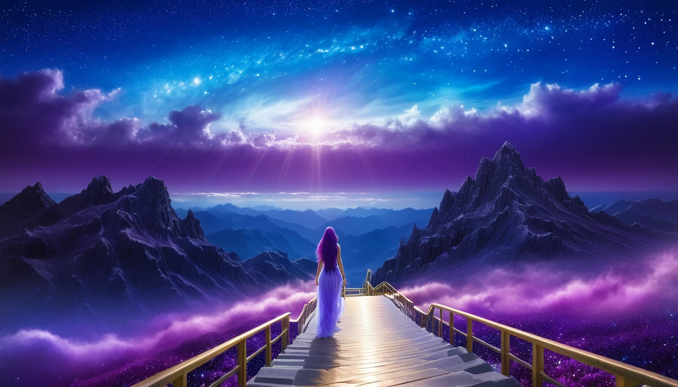 hdr, best image, 8k, image in dark neon blue, and violet, A BEAUTIFUL WOMAN, seen from behind, LONG purple HAIR, Wide ramp of steps, of white ivory and gold, descending, TOWARDS THE INFINITY OF THE HEAVENS, stars of cosmos, universe, clouds. giant mountain