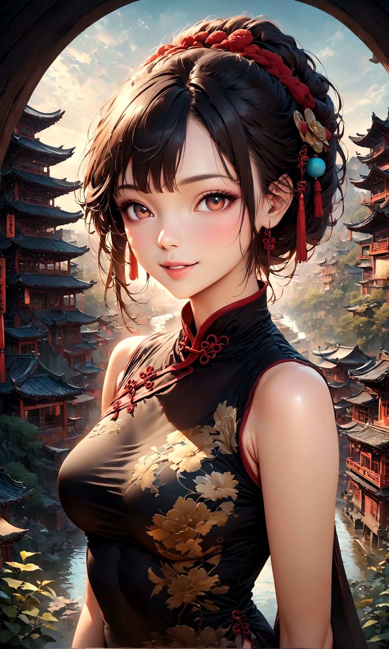 A fantastic view of Chinatown,赤い提灯の温かいLight,Modern and historic,Fantastic and dreamy landscape,Light,風景の中にChina dressの女性が1人います,She is charming and beautiful、まるで上海のnightを象徴するかのようです,Realistic skin texture,Photorealistic,BREAK,豪華な刺繍が施されたChina dress,A masterpiece created by designers,The best configuration,Light and Dark,BREAK,,(masterpiece:1.3),(highest quality:1.4),(ultra detailed:1.5),High resolution,extremely detailed,unity 8k wallpaper,Intricate details,Wide range of colors,artwork,rendering,(masterpiece:1.3),(highest quality:1.4),(Super detailed:1.5),High resolution,Very detailed,unity 8k wallpaper,Draw artistic background,Chinese style,Traditional,Absurd beauty,Zentangle,幻想的で美しいnightのチャイナタウン,night,美しいLightと影,Sparkling,Anatomically correct,Structurally correct,Use gold leaf,China dress,gel lip,eyelash,Charming smile,Portrait Shot,I have a fan  my hand,Perfect Face,Half Asian and half Caucasian