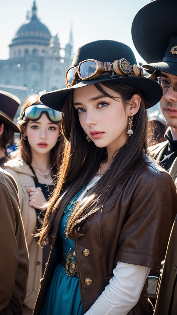 steampunk, hat, brown_hair, looking_at_viewer, jewelry, earrings, goggles, outdoors, multiple_girls, multiple_boys, aircraft, blurry, dress, lips, mole, realistic, blue_eyes, solo_focus, sky, 2girls, crowd, goggles_on_headwear