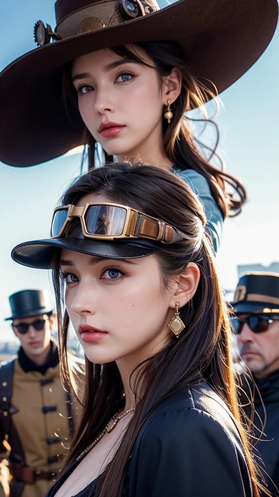 steampunk, hat, brown_hair, looking_at_viewer, jewelry, earrings, goggles, outdoors, multiple_girls, multiple_boys, aircraft, blurry, dress, lips, mole, realistic, blue_eyes, solo_focus, sky, 2girls, crowd, goggles_on_headwear