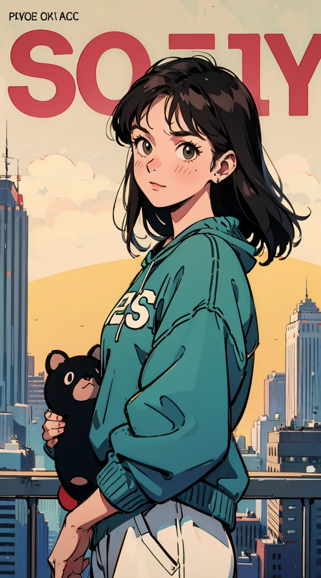 Best image quality, 1980s style animation, 21 year old girl, black hair, long hair, light brown eyes,  With a baggy sweatshirt, magazine cover, whole body , city , posing, With a cute otter doll