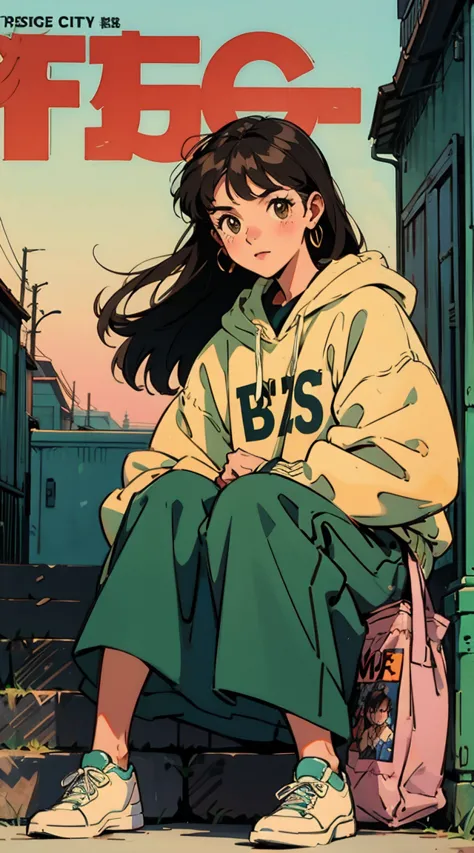 Best image quality, 1980s style animation, 21 year old girl, black hair, long hair, light brown eyes,  With a baggy sweatshirt, ...