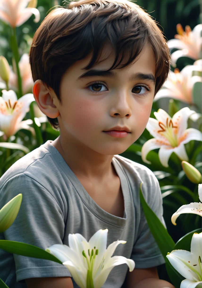 Little boy sitting among lilies、Close-up of a boy with flowers、A boy who looks like a cute girl、Beautiful and smooth skin Shy expression、(Intricate details), (Very detailed), 8K, Very detailed, Many details, high quality, Soft cinematic light,