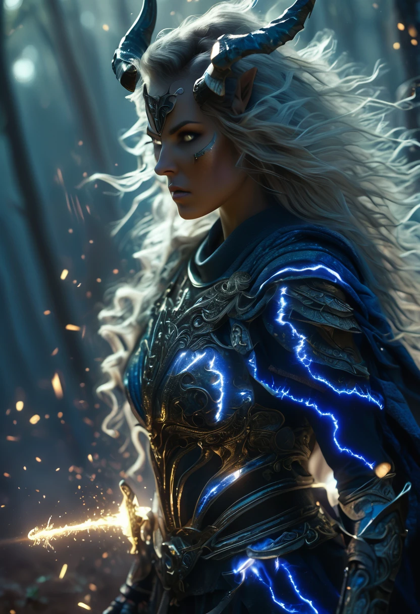 (Best Quality, 4k, 8k, High, Masterpiece: 1.2), Very Detailed, (Realistic, Photorealistic, Photorealistic: 1.37), A female warrior, cosmic horror, a big sword, a helmet with horns. A female warrior in blue lightning armor. , Overwhelming violence and action aesthetic. Wild composition, big world, with a forest in the background