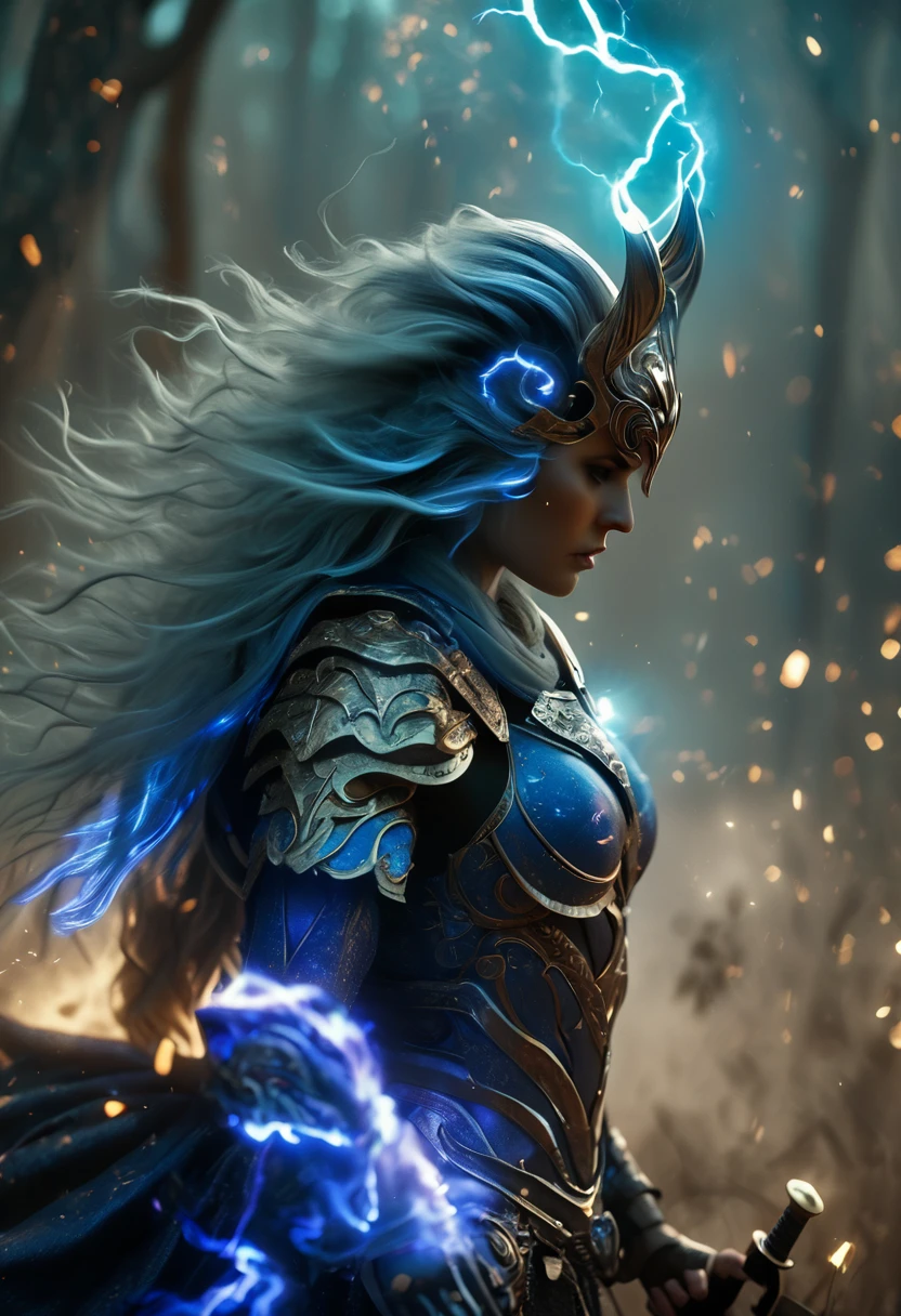 (Best Quality, 4k, 8k, High, Masterpiece: 1.2), Very Detailed, (Realistic, Photorealistic, Photorealistic: 1.37), A female warrior, cosmic horror, a big sword, a helmet with horns. A female warrior in blue lightning armor. , Overwhelming violence and action aesthetic. Wild composition, big world, with a forest in the background