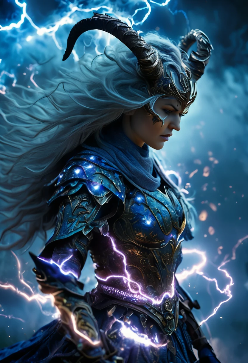 (Best Quality, 4k, 8k, High, Masterpiece: 1.2), Very Detailed, (Realistic, Photorealistic, Photorealistic: 1.37), A female warrior, cosmic horror, a big sword, a helmet with horns. A female warrior in blue lightning armor. , Overwhelming violence and action aesthetic. Wild composition, big world, with a forest in the background