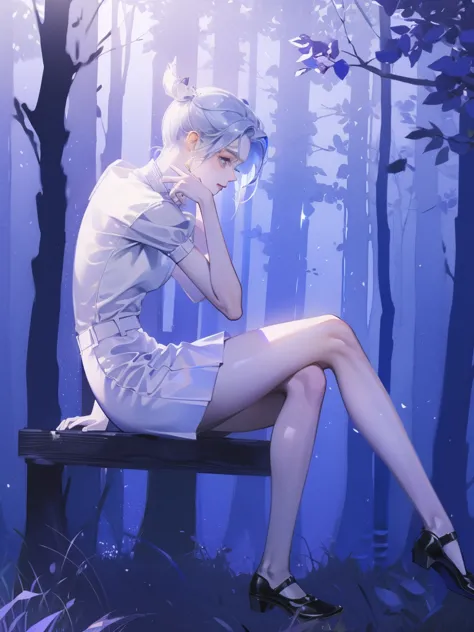 1 girl，shimizu，blue butterfly，pure white gauze skirt，shiny，sitting in the woods