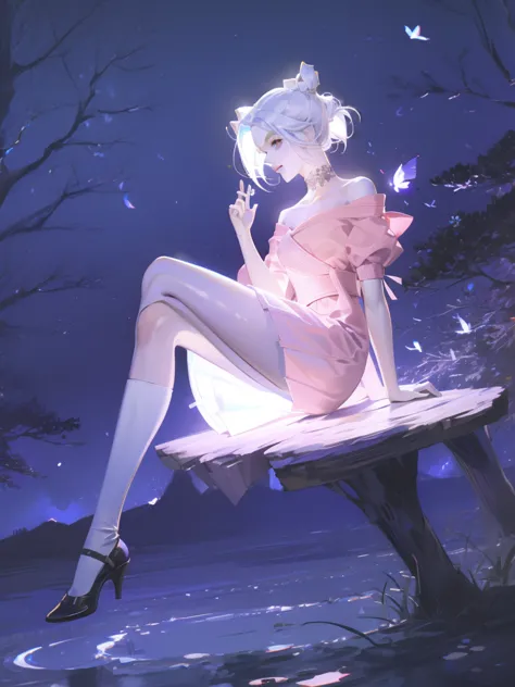 1 girl，shimizu，blue butterfly，pure white gauze skirt，shiny，sitting in the woods