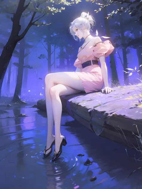 1 girl，shimizu，blue butterfly，pure white gauze skirt，shiny，sitting in the woods