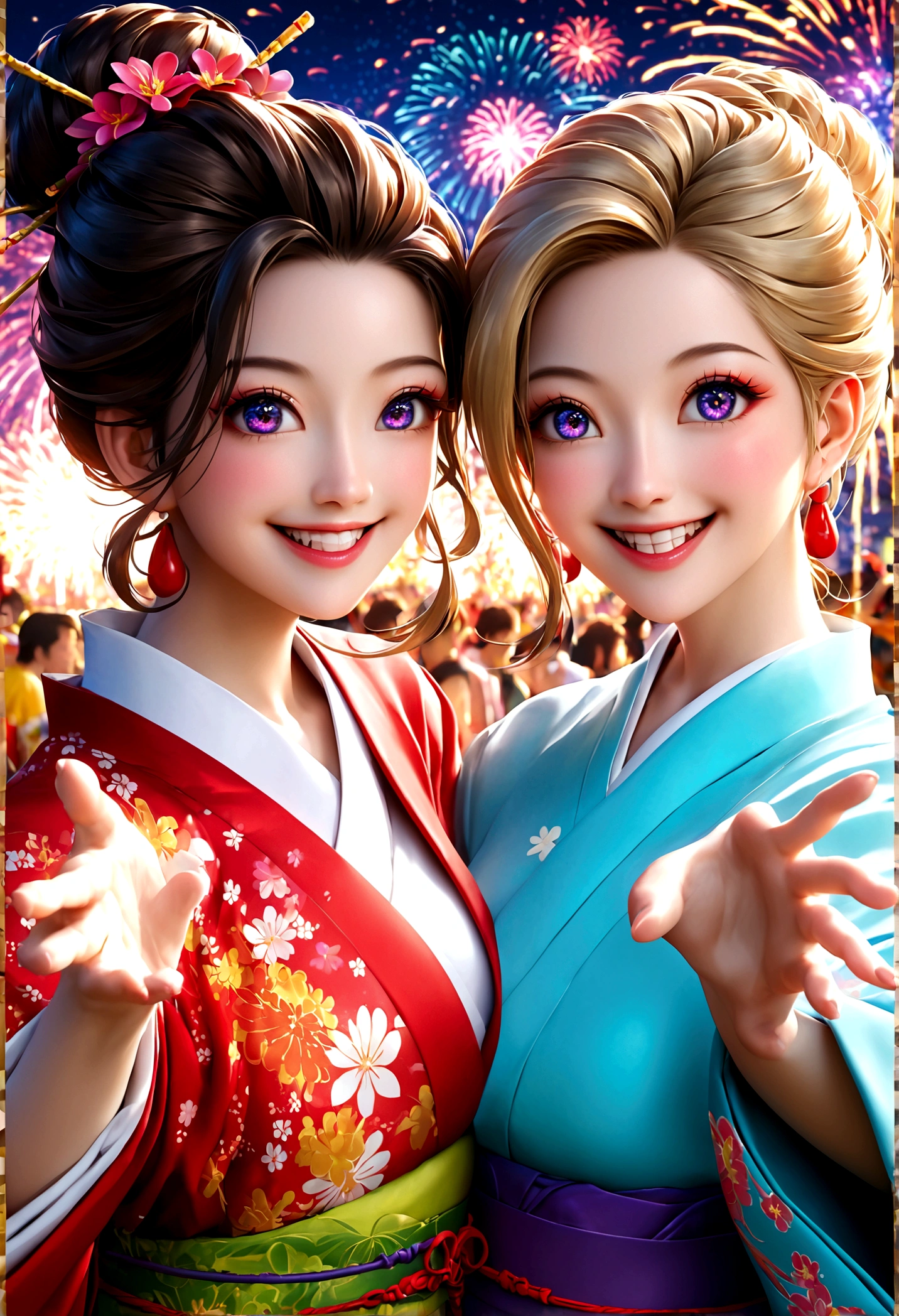 Top quality, 8K, masterpiece, Sharp focus, Beautiful Women in Perfect Shape, slim, (hairstyle: up), kimono, street: 1.2 ,Highly detailed face,Skin Texture, Delicate eyes, Random pose, (Smile),super cute Japan person,super beauty Japanese girl, Realistic face, Double eyelids,Summer Day Festival , Sunset , Beautiful Teeth , Fireworks background.