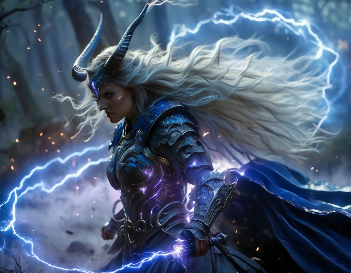 (Best Quality, 4k, 8k, High, Masterpiece: 1.2), Very Detailed, (Realistic, Photorealistic, Photorealistic: 1.37), A female warrior, cosmic horror, a big sword, a helmet with horns. A female warrior in blue lightning armor. , Overwhelming violence and action aesthetic. Wild composition, big world, with a forest in the background