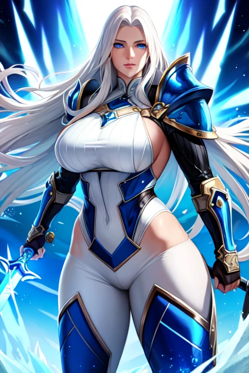 1woman, long wavy white hair, cobalt blue eyes, ice field, sword, muscles, voluptuous, thirties, leather armor, pants, far away
