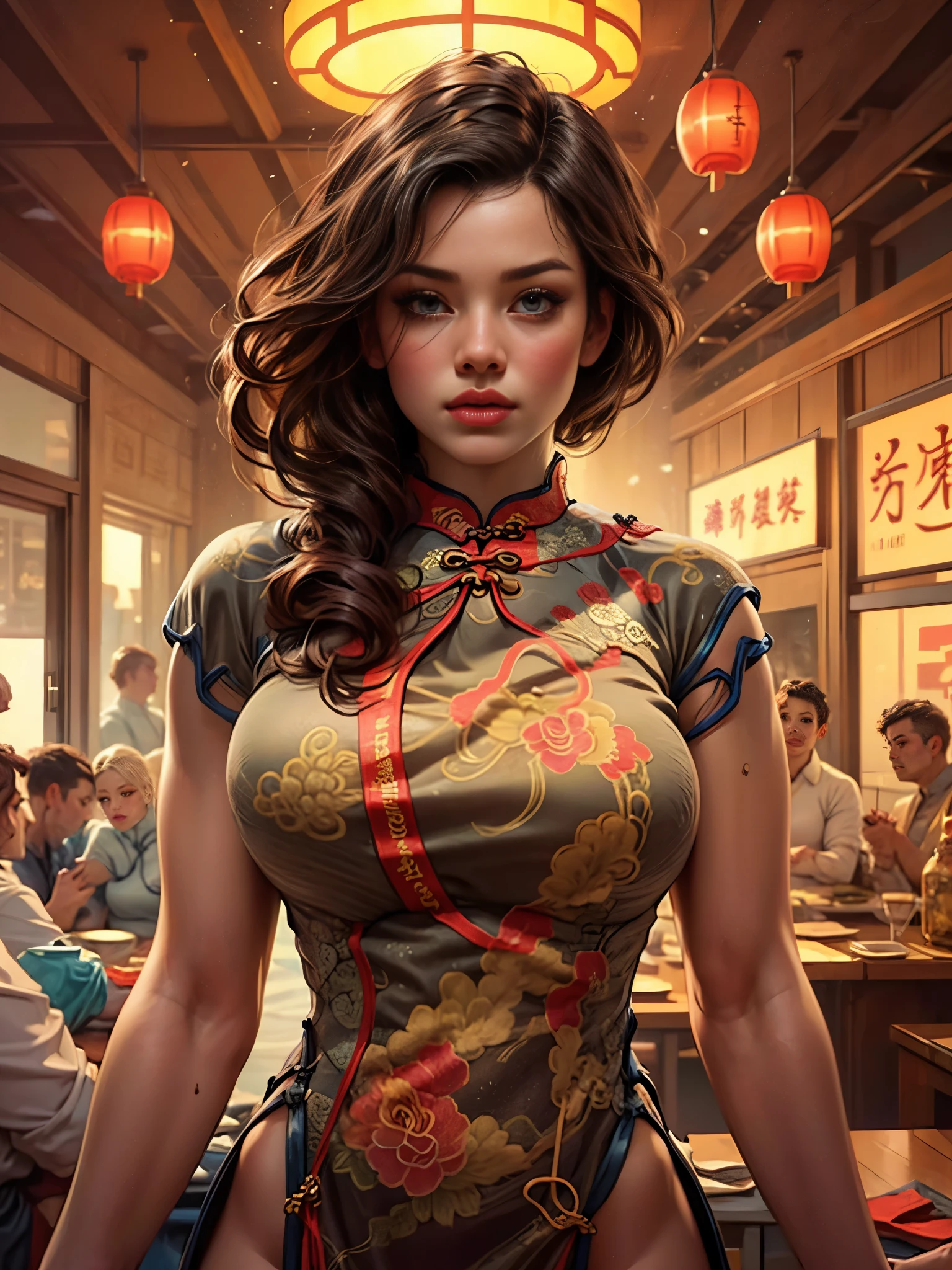 Retrato de meio corpo:1.3，vestindo(Cheongsam apertado:1.7)Mulher bonita，proporções ideais，seios cheios，cintura fina，Nádegas rechonchudas，Pele branca，Rodeado de acessórios，Em um restaurante chinês lotado，(melhor qualidade，4K，8K，Alta resolução，obra de arte:1.2)，ultra detalhado，(realista，照片般realista，照片般realista:1.37)，Olhos delicados，lábios delicados，rosto extremamente detalhado，cílios longos，detalhes intrincados，acessórios lindos，Decoração linda，luzes quentes，cores vibrantes，iluminação dramática，atmosférico，Semelhante a um filme，fotografia premiada