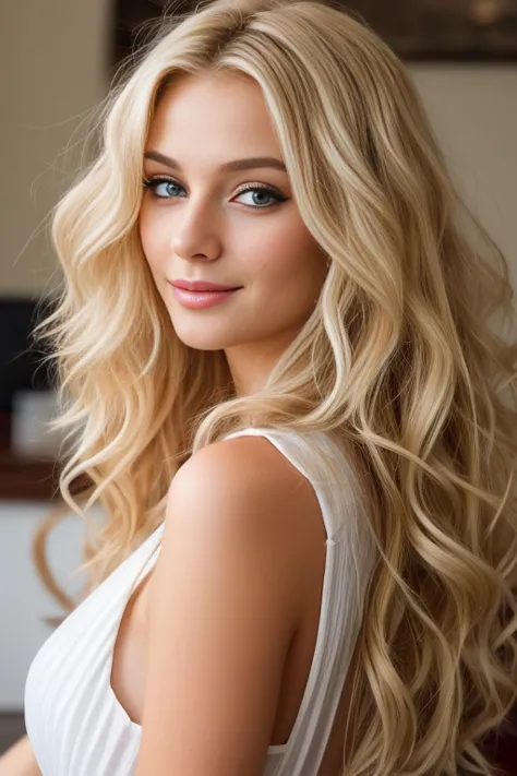 1 beautiful European blonde woman, 23 years, long wavy hair, she&#39;s a model, pose sexy, flirting with the camera, Perfect fac...