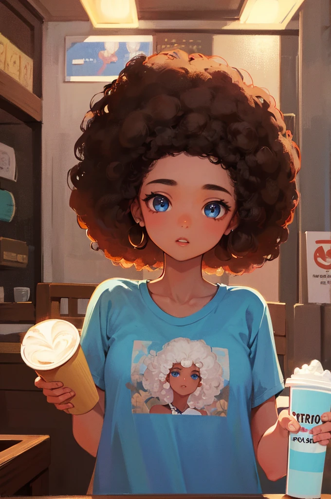 afro hair、８K, Highest quality, masterpiece, Ultra-detailed、Afro Hair、afro hair、Brown Hair、full lips、Blue Eyes、１８Year-old beauty、Portrait、Coffee shop、stare、T-Shirts、