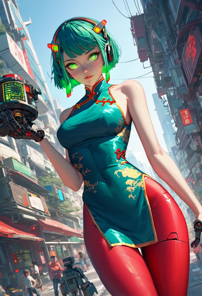 Fraction_9,Fraction_8_Direction_7_up,src_Japanese cartoons,1 Girl, Robot Girl, Cyberpunk,Chinese Cheongsam, Green Eyes,Glowing eyes, Short blue hair, white breastplate, Mechanical red tights, Bare shoulders, smooth, Shiny material,joint,outdoor,futuristic city,Dynamic Angle