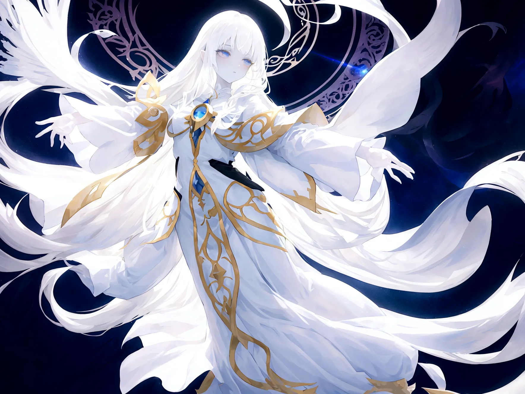 Character (hair bangs) (white long hair) (white pale skin) (mystical seer-style clothing) (character in dynamic pose) (perspecti...