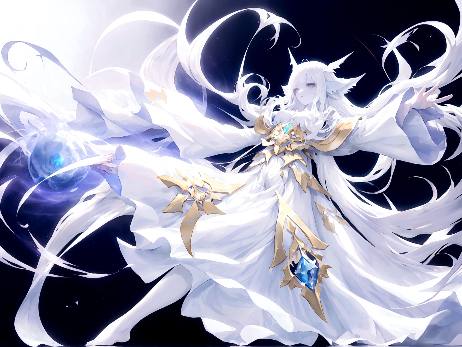 Character (hair bangs) (white long hair) (white pale skin) (mystical seer-style clothing) (character in dynamic pose) (perspective angle) (full body) (ethereal background) (celestial vibes)