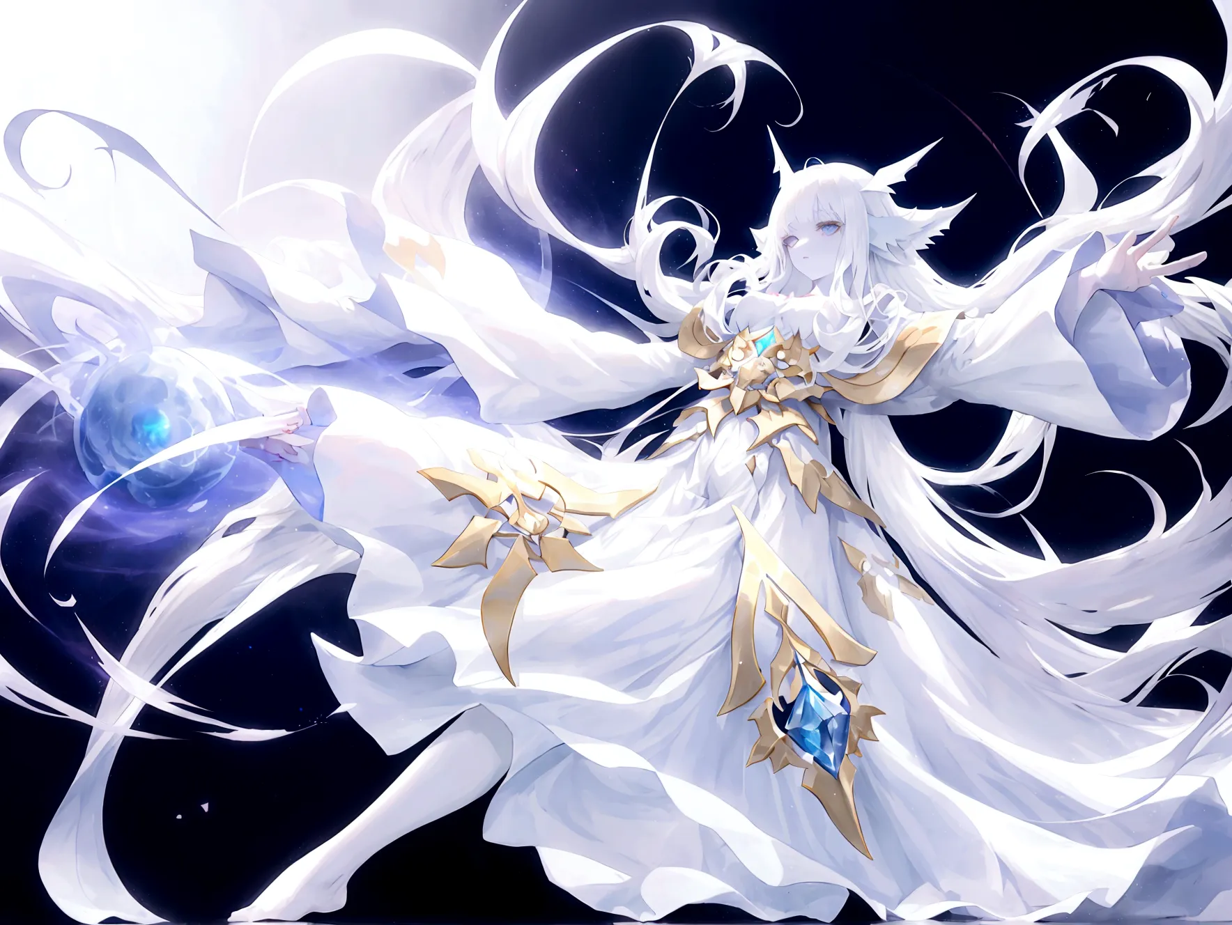 Character (hair bangs) (white long hair) (white pale skin) (mystical seer-style clothing) (character in dynamic pose) (perspecti...